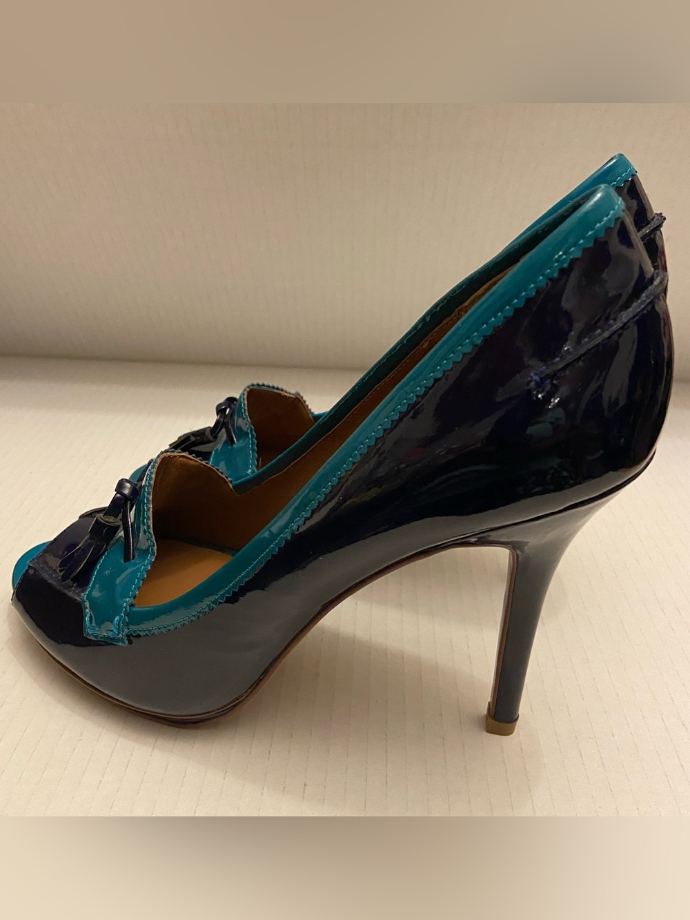 Donald J. Pliner Penni Tassel Color Block Navy and Teal Patent Peep-Toe Heels. - Picture 4 of 8